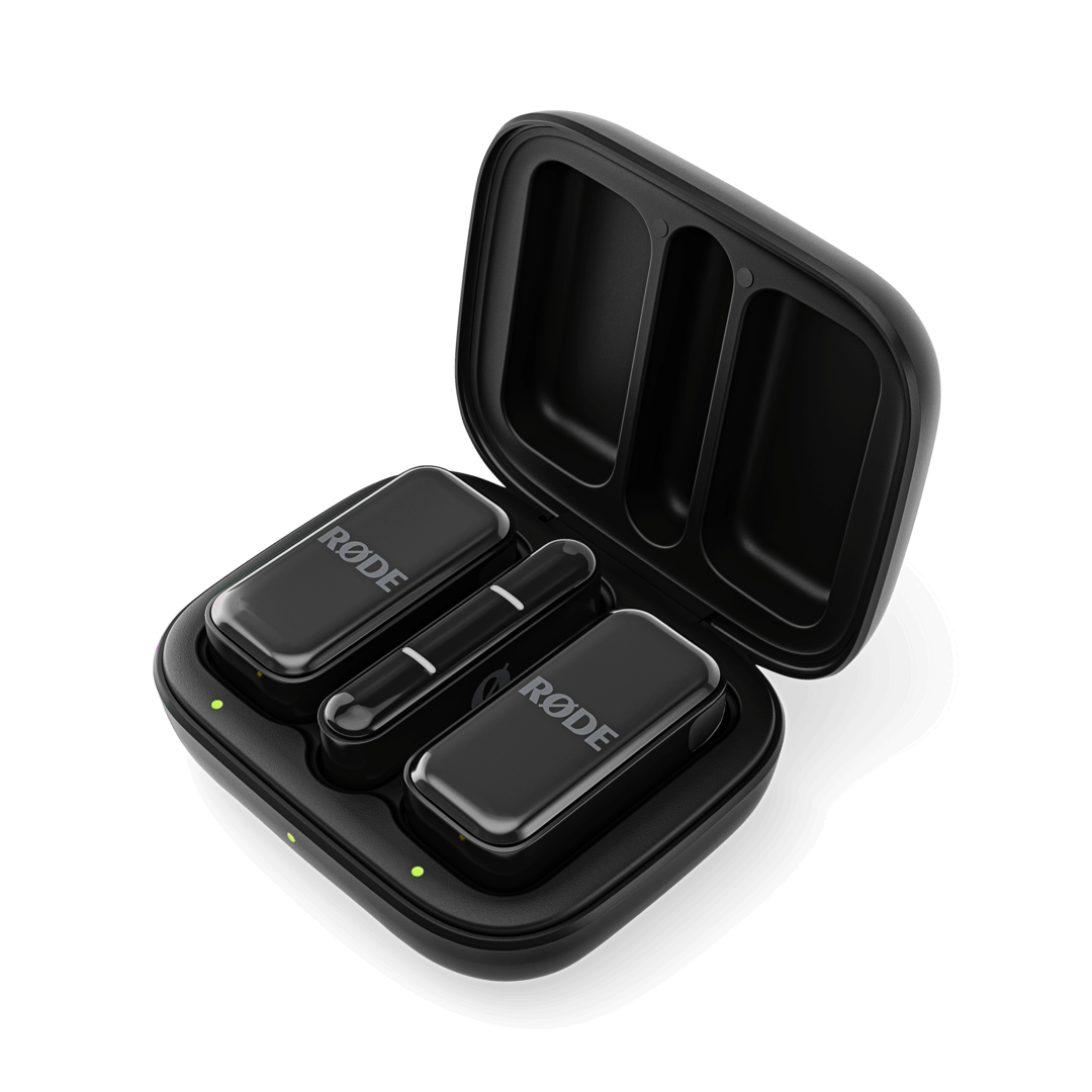 Black RØDE Wireless Micro kit in its open charging case