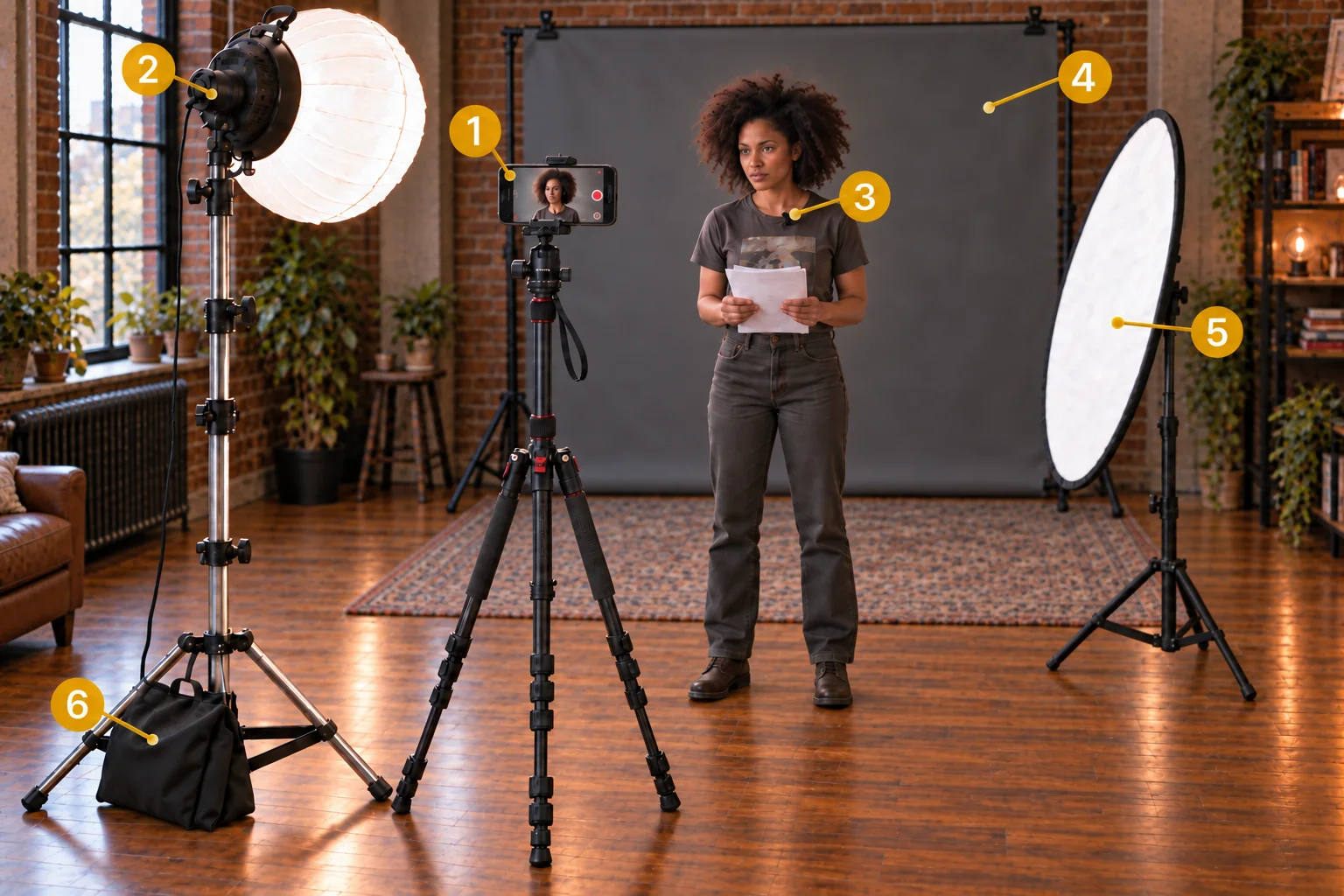 A self-tape room: a phone on a tripod faces the actor, with a gray backdrop behind them, a lantern light to one side, a reflector opposite, a mic on their collar, and a sandbag at the light stand’s base. Numbered placement tips follow.